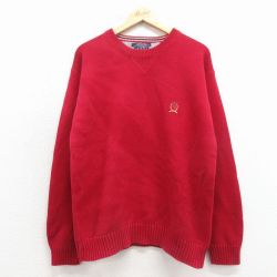 L★古着 トミーヒルフィガー 長袖 ブランド セーター メンズ 90年代 90s ワンポイントロゴ コットン クルーネック 赤 26feb27