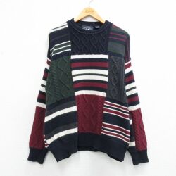 XL★古着 長袖 セーター メンズ パッチワーク コットン クルーネック エンジ他 26mar04