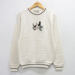 M★古着 長袖 セーター メンズ 90年代 90s シカ 鳥 刺繍 コットン クルーネック USA製 薄ベージュ他 26mar06