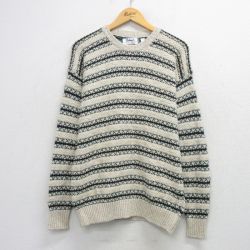 L★古着 長袖 セーター メンズ 90年代 90s クルーネック イングランド製 薄ベージュ他 26mar06
