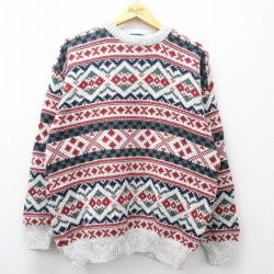 L★古着 長袖 セーター メンズ 90年代 90s フェアアイル コットン クルーネック USA製 薄グレー 霜降り他 26mar11