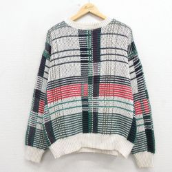 XL★古着 長袖 セーター メンズ 90年代 90s コットン クルーネック USA製 薄ベージュ他 26mar23