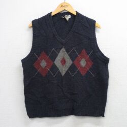 L★古着 ニット ベスト メンズ 90年代 90s アーガイル シェットランドウール Vネック 紺 26mar25