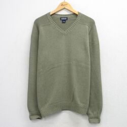 XL★古着 ランズエンド 長袖 セーター メンズ 90年代 90s 無地 コットン Vネック USA製 緑 26mar25