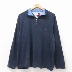 XL★古着 トミーヒルフィガー 長袖 ブランド ハーフジップ セーター メンズ 90年代 90s ワンポイントロゴ コットン 濃紺 26apr04