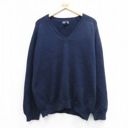 XL★古着 ランズエンド 長袖 セーター メンズ 90年代 90s 無地 コットン Vネック USA製 濃紺 26apr09