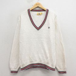 L★古着 ダックヘッド 長袖 セーター メンズ 90年代 90s ワンポイントロゴ コットン Vネック USA製 白 26apr09