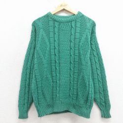 M★古着 長袖 ケーブル セーター メンズ 90年代 90s クルーネック USA製 緑 26apr09