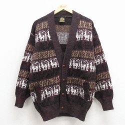 L★古着 TEJIDOS RUMINAHUI 長袖 ニット カーディガン メンズ アルパカ ウール エクアドル製 エンジ他 26apr11