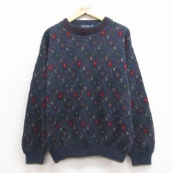 L★古着 TRADER BAY 長袖 セーター メンズ 90年代 90s 手織り クルーネック USA製 紺他 26apr11