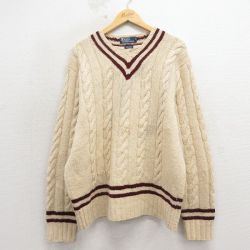 XL★古着 ラルフローレン 長袖 ブランド ケーブル セーター メンズ 90年代 90s 手編み ハンドニット ウール ヒジ当て Vネック 生成り 26apr11