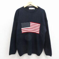 L★古着 ニューエラ 長袖 セーター メンズ 90年代 90s 星条旗 アクリル クルーネック USA製 紺 26apr17