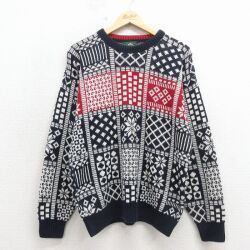 M★古着 ジャンセン 長袖 ノルディック セーター メンズ 90年代 90s 雪柄 コットン クルーネック USA製 紺他 26apr17