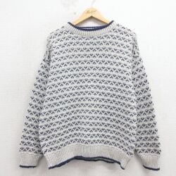 M★古着 長袖 セーター メンズ 90年代 90s バーズアイ コットン クルーネック USA製 薄グレー 26apr17