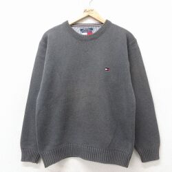 M★古着 トミーヒルフィガー 長袖 ブランド セーター メンズ 90年代 90s ワンポイントロゴ コットン クルーネック 濃グレー 26apr23