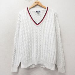 XL★古着 フィラ FILA 長袖 ケーブル セーター メンズ 00年代 00s コットン Vネック 白他 26apr23
