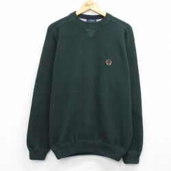 L★古着 トミーヒルフィガー 長袖 ブランド セーター メンズ 90年代 90s ワンポイントロゴ コットン クルーネック 濃緑 26apr25