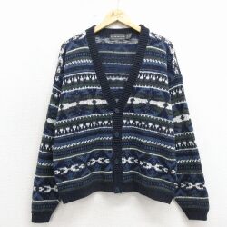 XL★古着 長袖 ニット カーディガン メンズ 90年代 90s ネイティブ柄 ラグ柄 アクリル USA製 紺他 ストライプ 26apr25