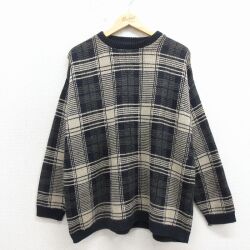 XL★古着 長袖 セーター メンズ 90年代 90s クルーネック USA製 濃紺他 チェック 26apr25