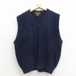 XL★古着 エディーバウアー ケーブル ニット ベスト メンズ コットン Vネック 濃紺 26apr25