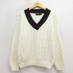 L★古着 長袖 ケーブル セーター メンズ 80年代 80s アクリル Vネック USA製 生成り 26apr27