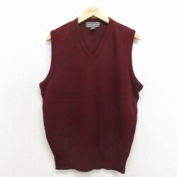 M★古着 ニット ベスト メンズ 90年代 90s 無地 Vネック USA製 エンジ 26apr27