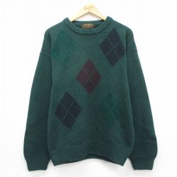 L★古着 エディーバウアー 長袖 セーター メンズ 90年代 90s アーガイル コットン クルーネック グリーン【spe】 26may13