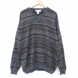 XL★古着 長袖 セーター メンズ 大きいサイズ Vネック イタリア製 濃グレー他 ボーダー 26jan23