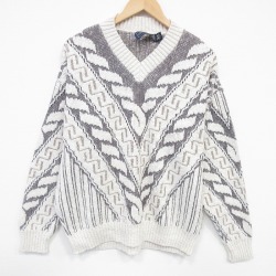 XL★古着 長袖 セーター メンズ 90年代 90s コットン Vネック USA製 薄ベージュ他 26jan27