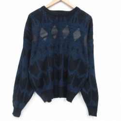 XL★古着 長袖 セーター メンズ 90年代 90s レザー使用 大きいサイズ アクリル クルーネック 紺他 26jan27