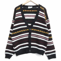 XL★古着 ニューエラ 長袖 ニット カーディガン メンズ アクリル USA製 黒他 ボーダー 26jan28