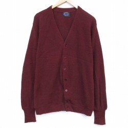 L★古着 ジャンセン 長袖 ニット カーディガン メンズ 90年代 90s 無地 アクリル クルーネック USA製 エンジ 26jan29