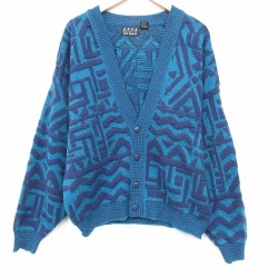 L★古着 長袖 ニット カーディガン メンズ 90年代 90s 総柄 アクリル 青緑 26jan30