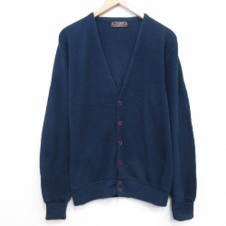 M★古着 長袖 ニット カーディガン メンズ 80年代 80s 無地 アクリル USA製 紺 26feb12