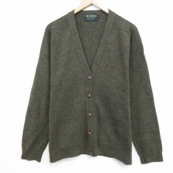 L★古着 長袖 ニット カーディガン メンズ 無地 ウール スコットランド製 濃緑【spe】 26feb12