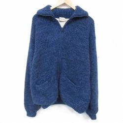 XL★古着 長袖 フルジップ ニット カーディガン メンズ アクリル 紺 霜降り 内側サーマル 26feb25