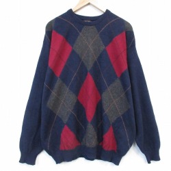 XL★古着 長袖 セーター メンズ 90年代 90s アーガイル 大きいサイズ クルーネック スコットランド製 濃紺他【spe】 26mar06