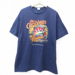 【20%OFF】XL★古着 半袖 Tシャツ メンズ Caribbiean 大きいサイズ コットン クルーネック 紺 ネイビー 25aug22 中古