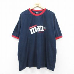 XL★古着 半袖 Tシャツ メンズ ｍ&ｍs 刺繍 大きいサイズ コットン クルーネック 紺 ネイビー リンガー 25aug23 中古