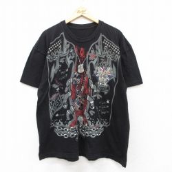 XL★古着 半袖 Tシャツ メンズ ロック スカル ベスト フェイク 大きいサイズ クルーネック 黒 ブラック 25aug25 中古