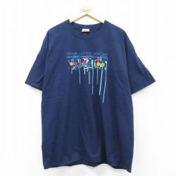 XL★古着 ヘインズ Hanes 半袖 Tシャツ メンズ フランクロイドライト アート 大きいサイズ ロング丈 コットン クルーネック 紺 ネイビー 【spe】 25aug26 中古
