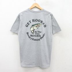 L★古着 半袖 Tシャツ メンズ 魚 フィッシング クルーネック グレー 霜降り 25aug30 中古