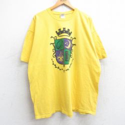 XL★古着 半袖 Tシャツ メンズ エンブレム マルディグラ 大きいサイズ コットン クルーネック 黄 イエロー 25aug30 中古