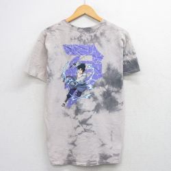 L★古着 半袖 Tシャツ メンズ アニメ ナルト疾風伝 うちはサスケ コットン クルーネック 薄グレー他 タイダイ 26mar19