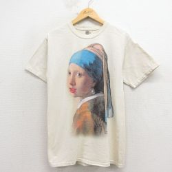 M★古着 THE MOUNTAIN 半袖 Tシャツ メンズ 画家 ヨハネスフェルメール 真珠の耳飾りの少女 コットン クルーネック 薄ベージュ 26apr06