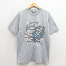 L★古着 半袖 Tシャツ メンズ 魚 クルーネック 薄グレー 霜降り 26apr06