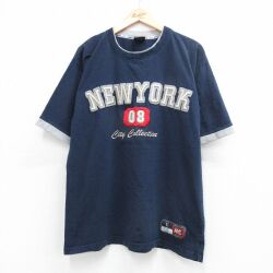 XL★古着 半袖 Tシャツ メンズ ニューヨーク 刺繍 コットン クルーネック 濃紺 26apr14