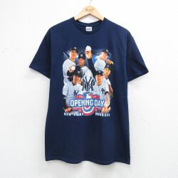 L★古着 半袖 Tシャツ メンズ MLB ニューヨークヤンキース 田中将大 コットン クルーネック 紺 メジャーリーグ ベースボール 野球 26apr14