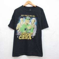 XL★古着 半袖 Tシャツ メンズ ワールドプロレスリング ジョンシナ 大きいサイズ コットン クルーネック ブラック 26jun04