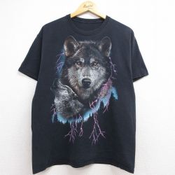 オオカミ 半袖Tシャツ サンダー ブラック メンズL相当 | 古着